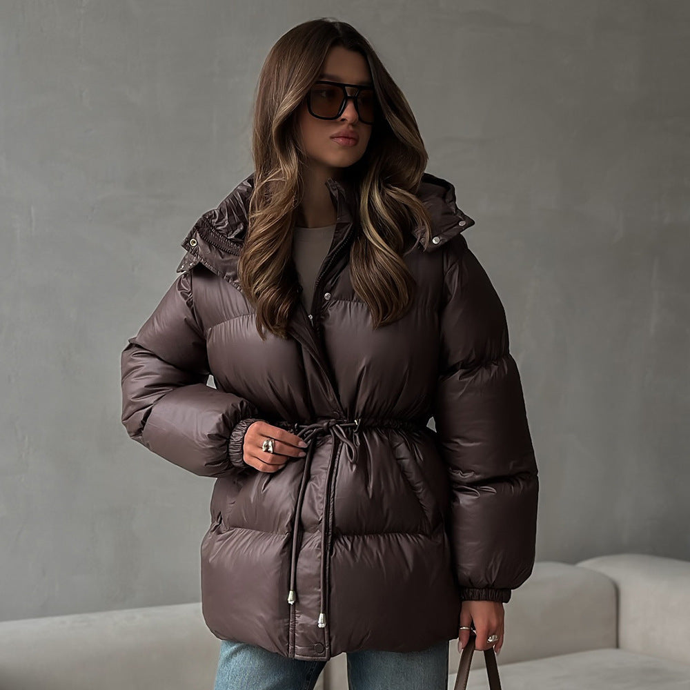 Women's quilted parka with shiny finish hood and adjustable drawstring Fashion Glam