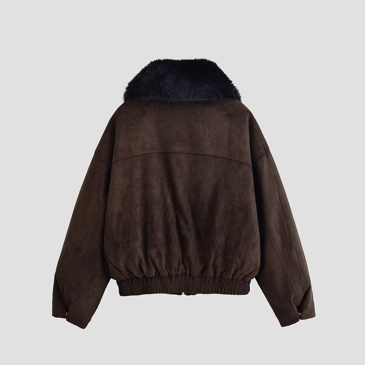 Women's Oversize Bomber Jacket made of Suede Imitation with Large Faux Fur Collar Fashion Glam