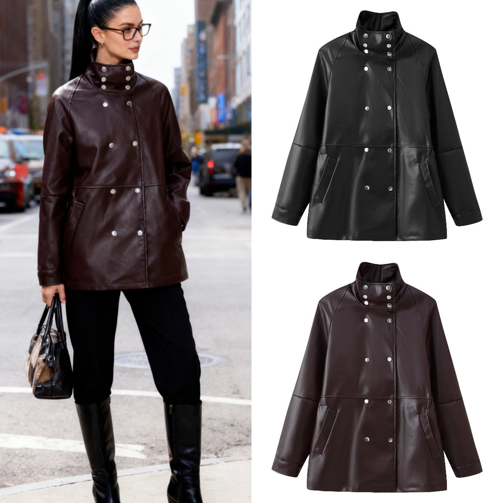 Women's Mid-Length Faux Leather Coat with High Stand-Up Collar and Double-Breasted Snap Buttons Fashion Glam