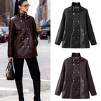 Women's Mid-Length Faux Leather Coat with High Stand-Up Collar and Double-Breasted Snap Buttons Fashion Glam