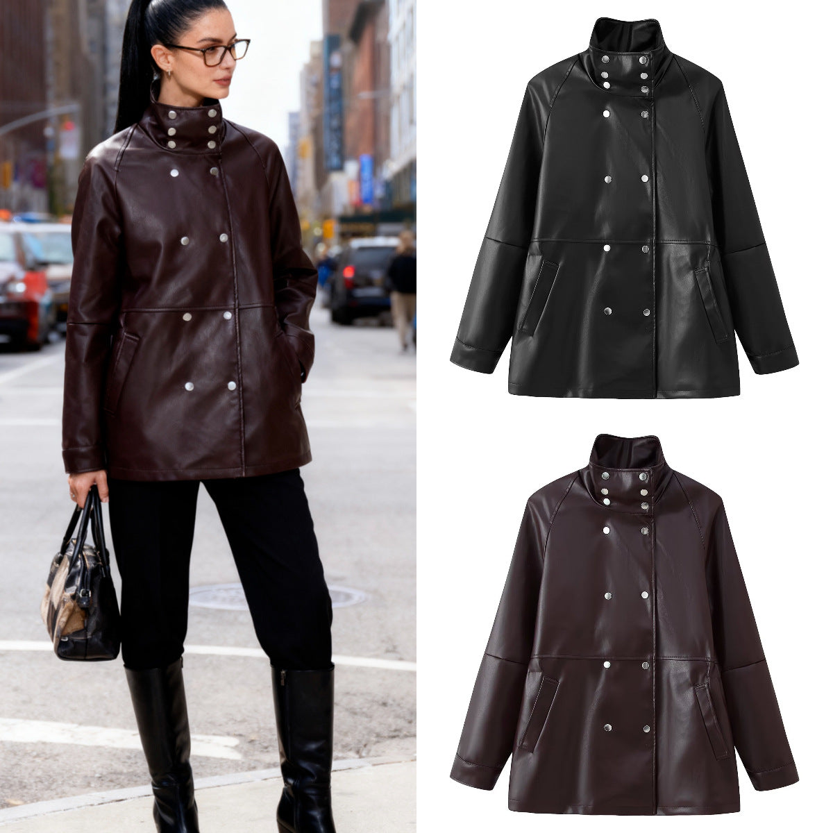 Women's Mid-Length Faux Leather Coat with High Stand-Up Collar and Double-Breasted Snap Buttons Fashion Glam