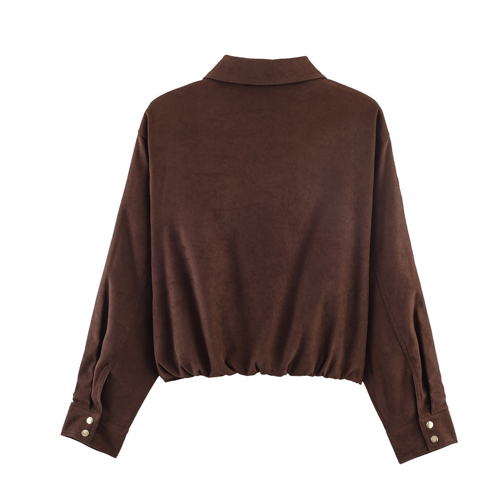 Women's short velor bomber jacket with shirt collar, zipper and elastic hem Fashion Glam