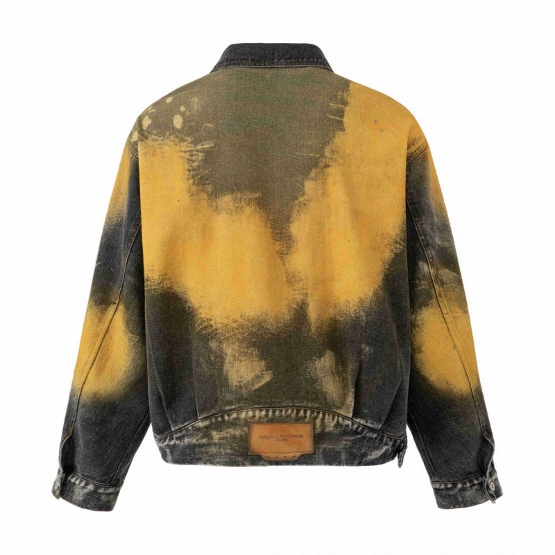 Men's Oversized Denim Blouson Jacket with Dip-Dye Effect, Paint Splatter and Adjustable Waist Belt Fashion Glam
