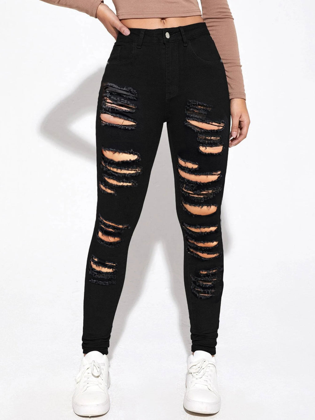 Women's high-waisted super stretch jeans in skinny fit with pronounced destroy rips Fashion Glam