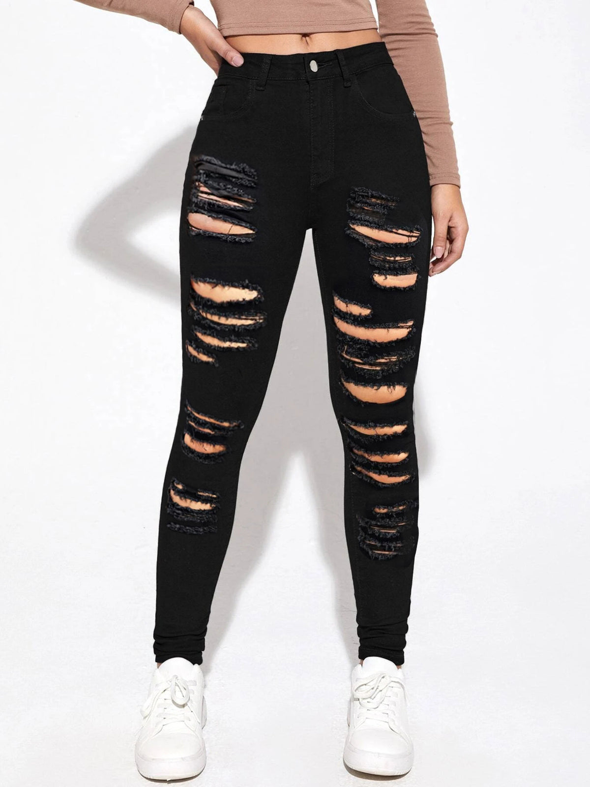 Women's high-waisted super stretch jeans in skinny fit with pronounced destroy rips Fashion Glam