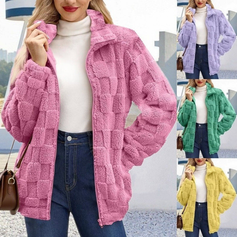 Women's teddy jacket with check structure, stand-up collar and zipper Fashion Glam