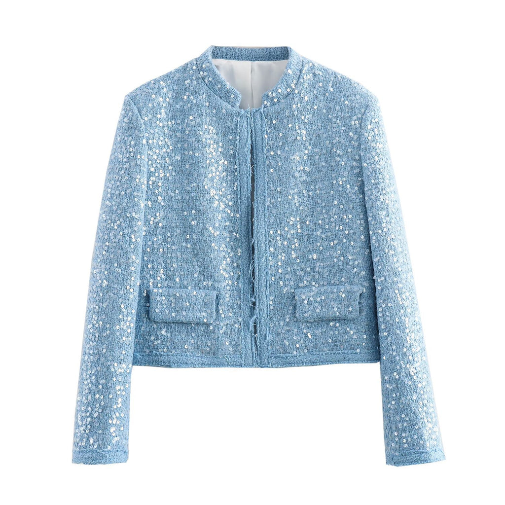 Women Short Cropped Boucle Tweed Jacket with Sequin Trim and Flap Pockets Fashion Glam