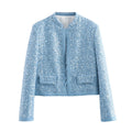 Women Short Cropped Boucle Tweed Jacket with Sequin Trim and Flap Pockets Fashion Glam