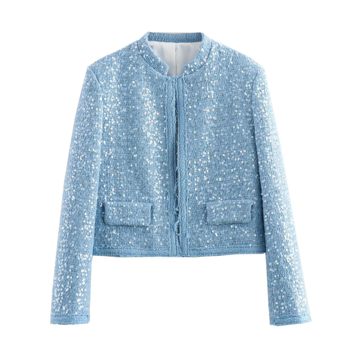 Women Short Cropped Boucle Tweed Jacket with Sequin Trim and Flap Pockets Fashion Glam