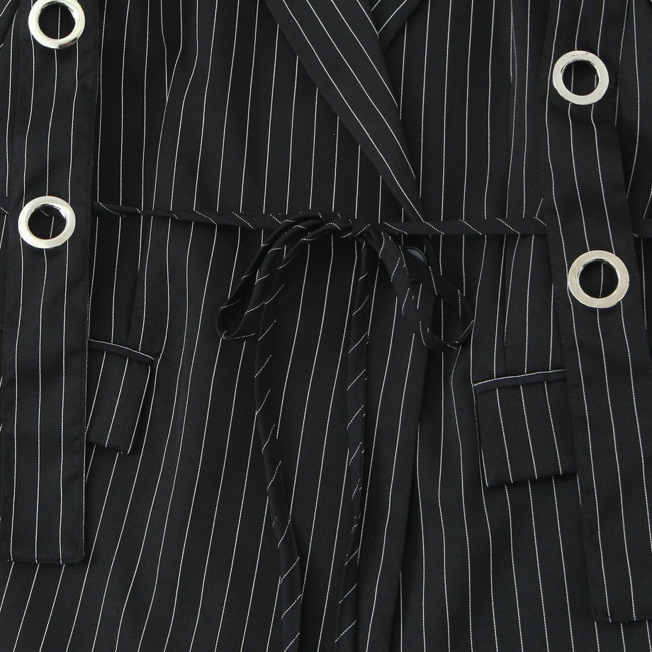 Women pinstripe blazer with eyelet application and drawstring Fashion Glam