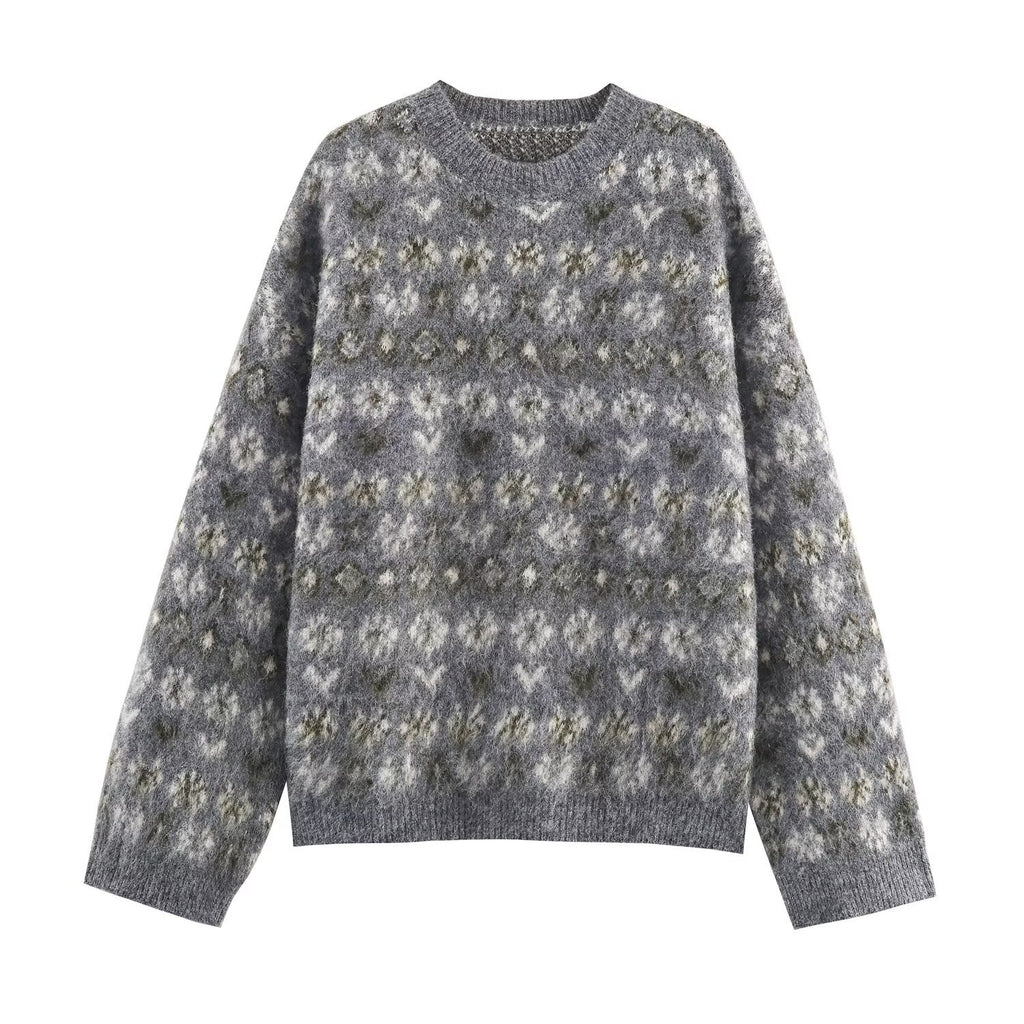 Women Oversize Jacquard Sweater made of soft Mohair mix with round neck Fashion Glam