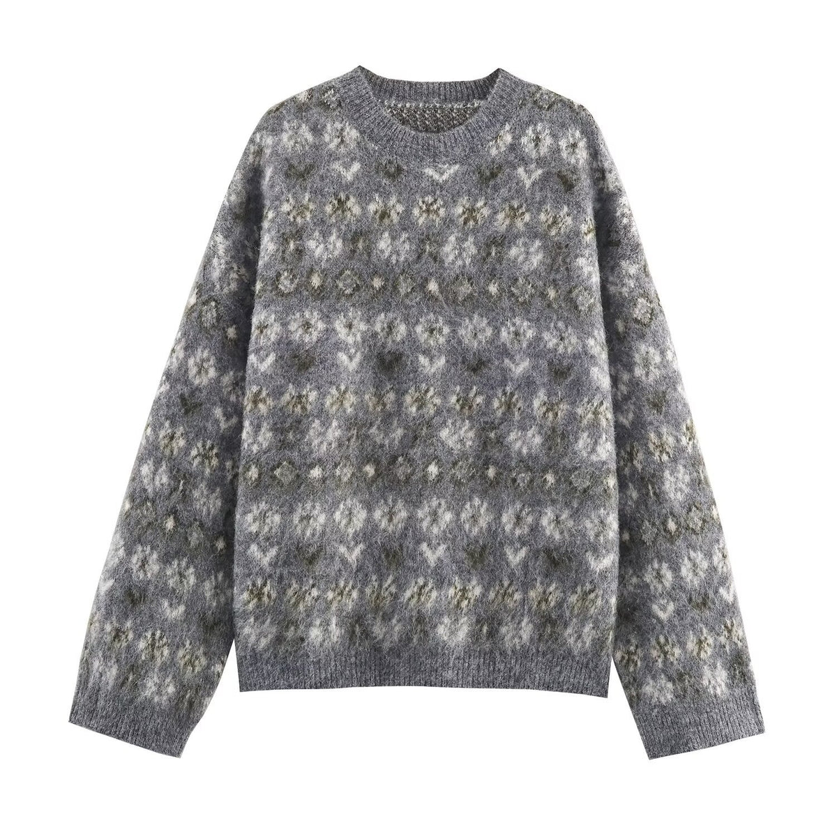 Women Oversize Jacquard Sweater made of soft Mohair mix with round neck Fashion Glam