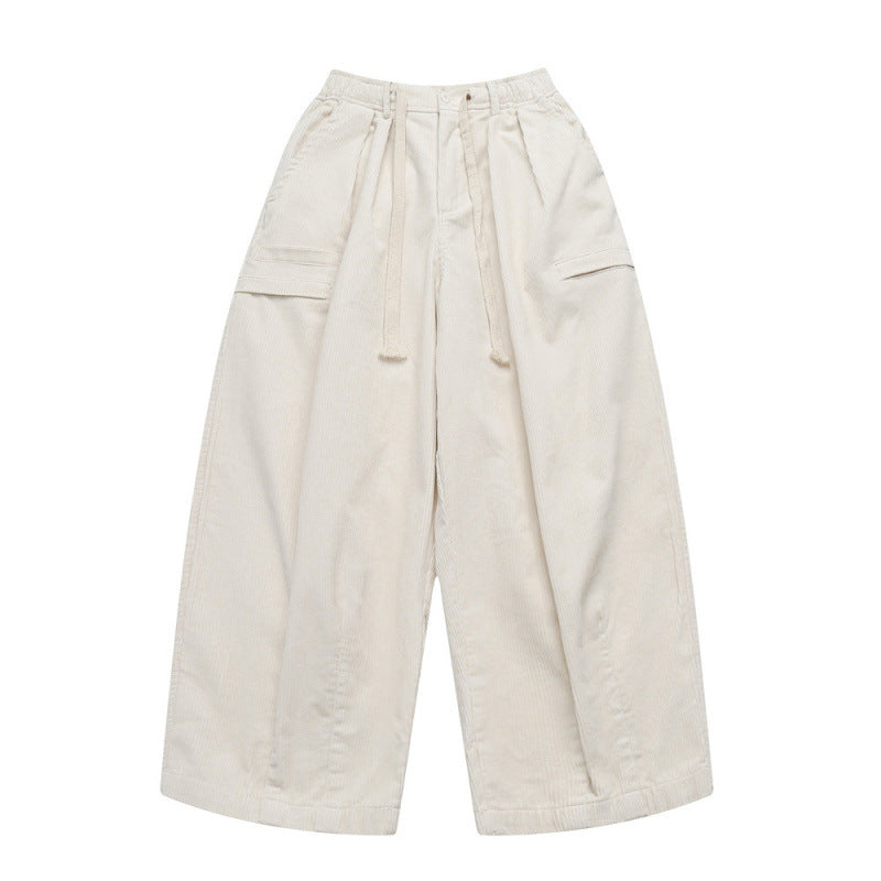Women Wide High-Waisted Cord Pants in Culotte Cut with Drawstring and Patch Pockets Fashion Glam
