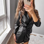 Ladies' wrap mid coat made of faux leather with knot detail and shirt collar Fashion Glam