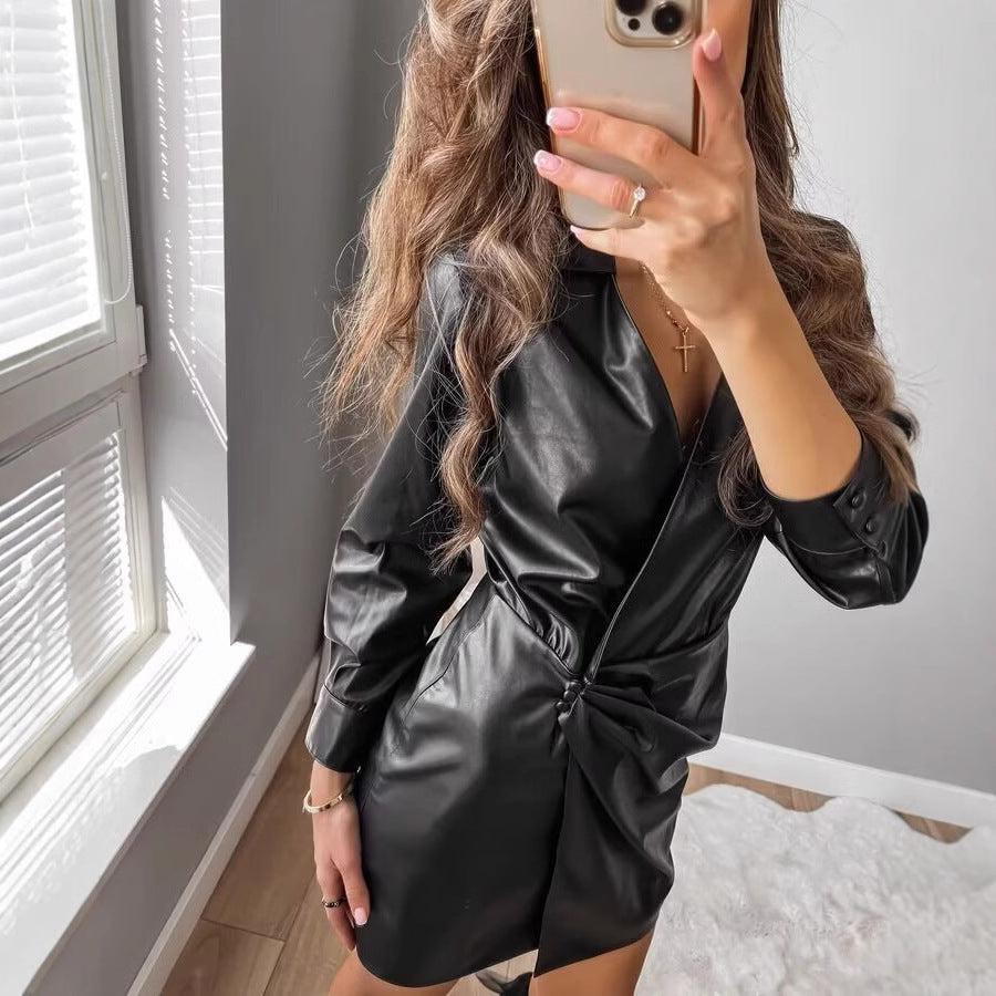 Ladies' wrap mid coat made of faux leather with knot detail and shirt collar Fashion Glam