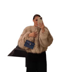 Women Cropped Faux Fur Bomber with Round Neck, Soft Draping High Pile and Boxy Silhouette Fashion Glam