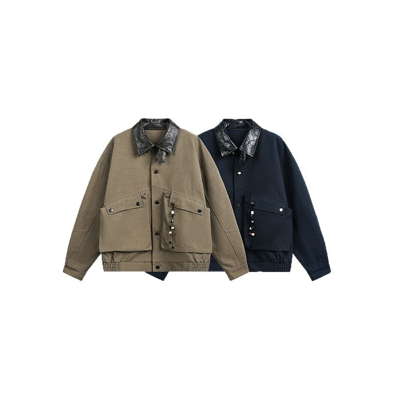 Men's Oversize Harrington Jacket with Faux Leather Collar, Flap Pockets, and Elastic Hem Fashion Glam