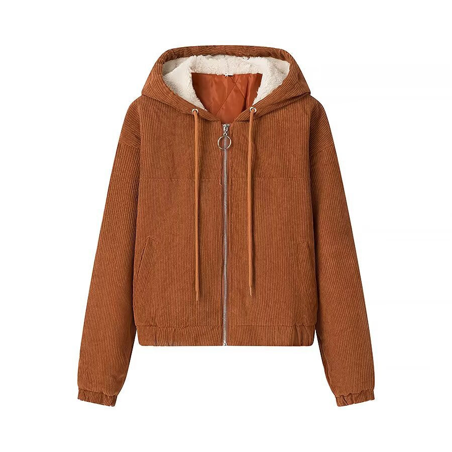 Ladies Cord Jacket with Hood, Teddy Lining and Ring Zipper Fashion Glam
