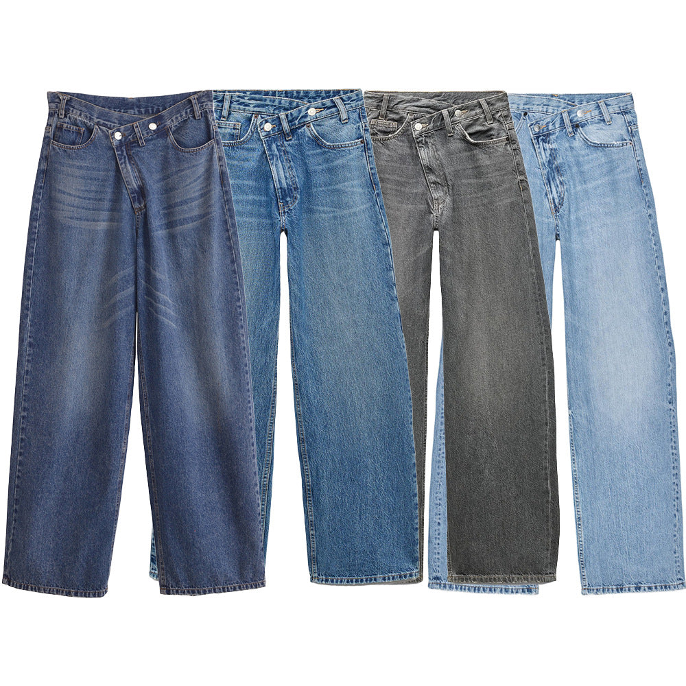 Women's high-waisted wide denim jeans with asymmetric waistband and culotte cut Fashion Glam