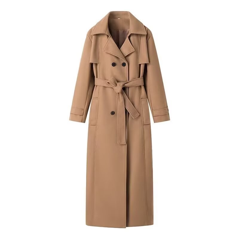Women Maxilength double-breasted trench coat made of wool blend with tie belt and shoulder flap Fashion Glam