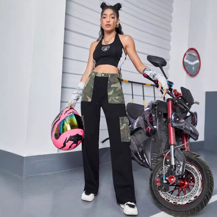 Women High-Waist Utility Jeans with Camouflage Panels and Patch Cargo Pockets Fashion Glam