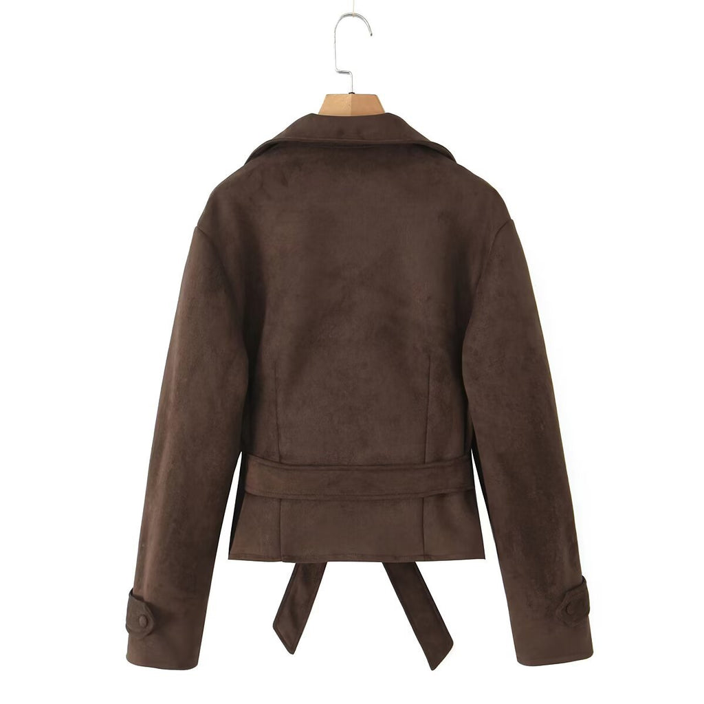 Women's Short Suede Look Jacket with Waist Belt and Lapel Collar Fashion Glam