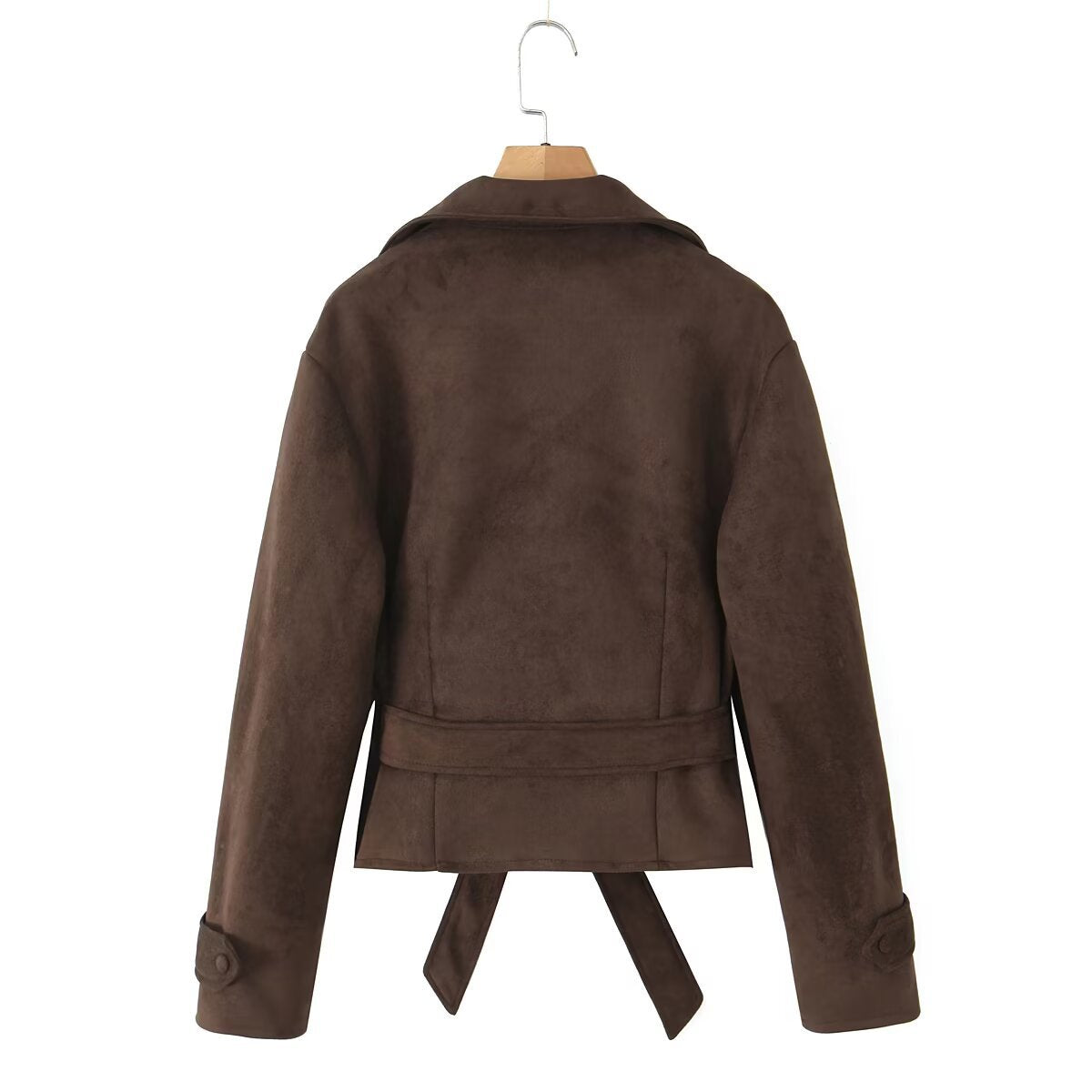 Women's Short Suede Look Jacket with Waist Belt and Lapel Collar Fashion Glam