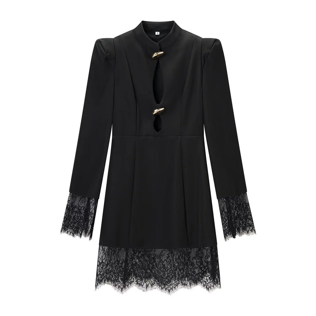 Women's midi dress with stand-up collar, cut-out front, gold decorative fasteners, and lace trim Fashion Glam