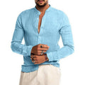 Men's Lightweight Linen Shirt with Stand-Up Collar, Slim Fit and Continuous Button Placket Fashion Glam