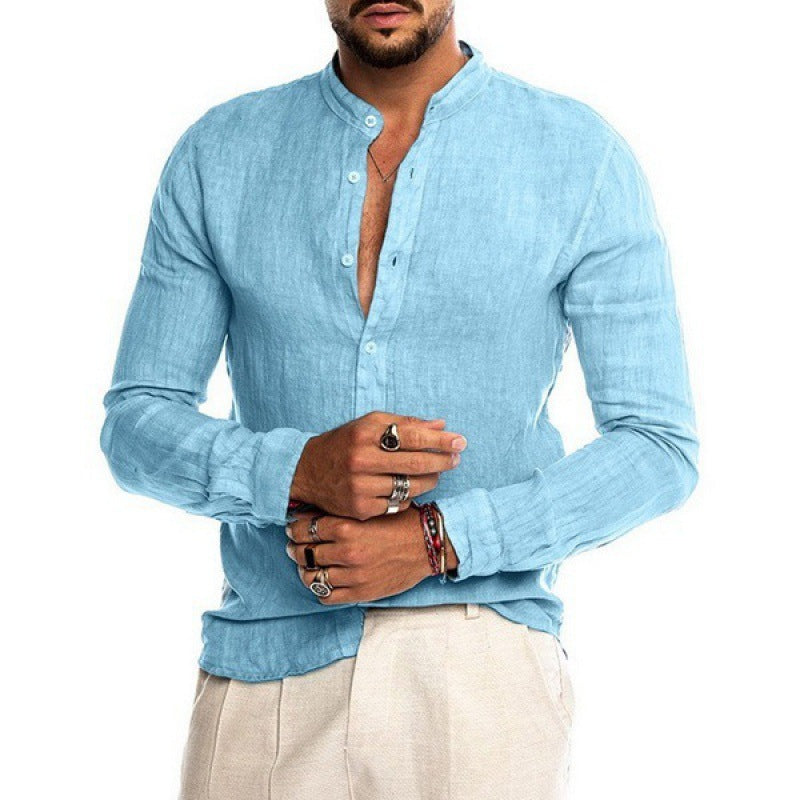 Men's Lightweight Linen Shirt with Stand-Up Collar, Slim Fit and Continuous Button Placket Fashion Glam