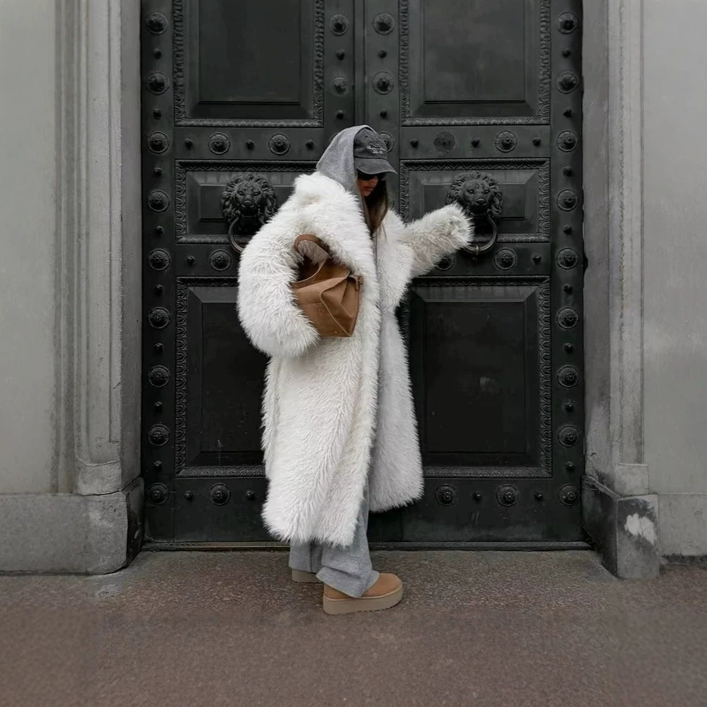 Women’s Maxi Faux Fur Coat with Voluminous Shawl Collar and Wrap Belt Fashion Glam