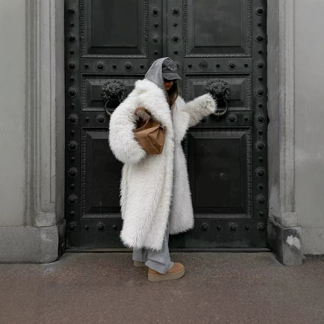 Women’s Maxi Faux Fur Coat with Voluminous Shawl Collar and Wrap Belt Fashion Glam