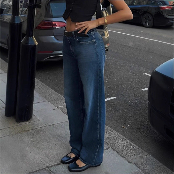Ladies High-Waisted Wide-Leg Denim Jeans with Straight Hem and Light Used Effect Fashion Glam