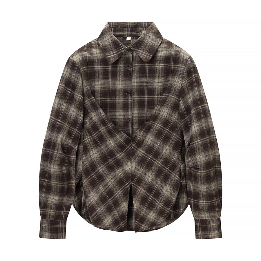 Women's Checked Shirt Blouse with Wrap Front and Rounded Hem Fashion Glam
