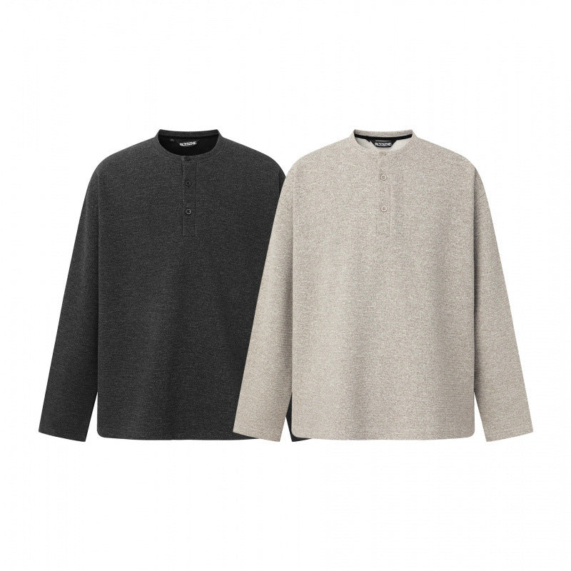 Unisex Oversize fine knit sweater with Henley button placket and stand-up collar Fashion Glam