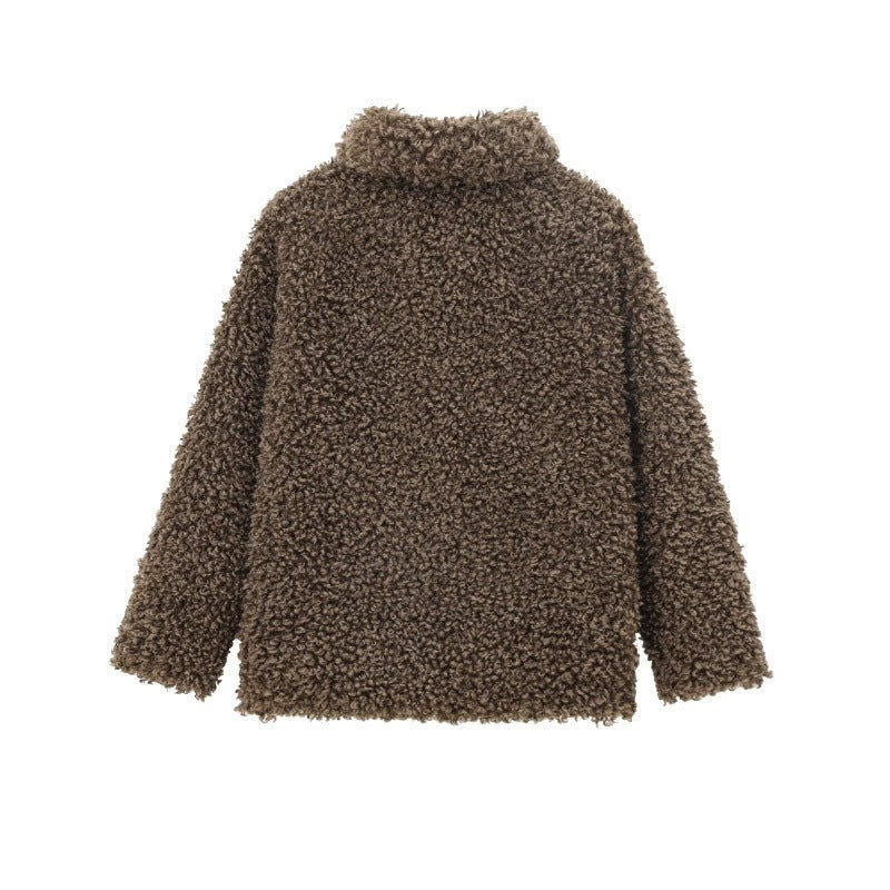 Women's Oversized Faux Fur Teddy Jacket with Shawl Collar and Lined Interior Fashion Glam