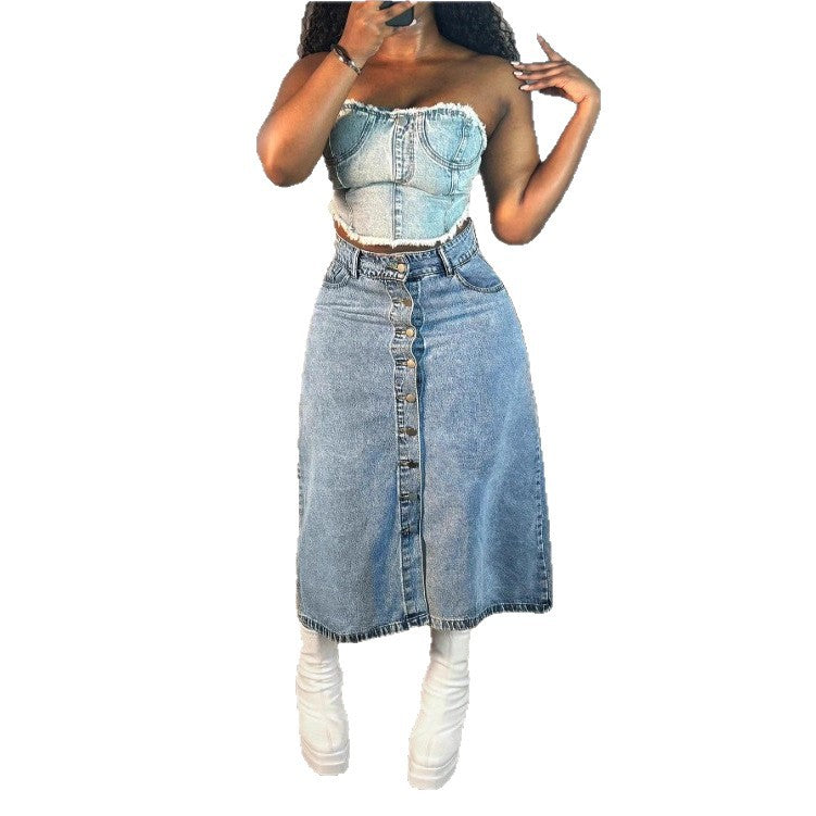 Women A-line denim mid-skirt with high-waisted waistband and continuous button placket Fashion Glam