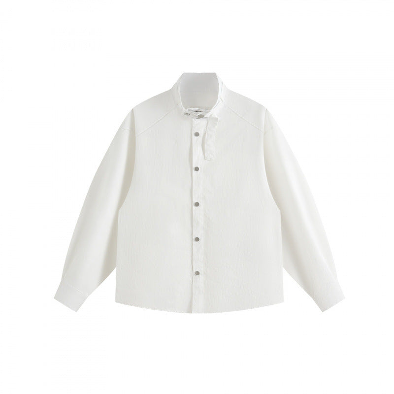 Unisex Boxy Overshirt with Stand Collar, Tie Loop and Snap Button Placket Fashion Glam