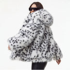 Women Short Hooded Faux Fur Jacket with Boxy Silhouette and Polka Dot Shaggy Texture Fashion Glam