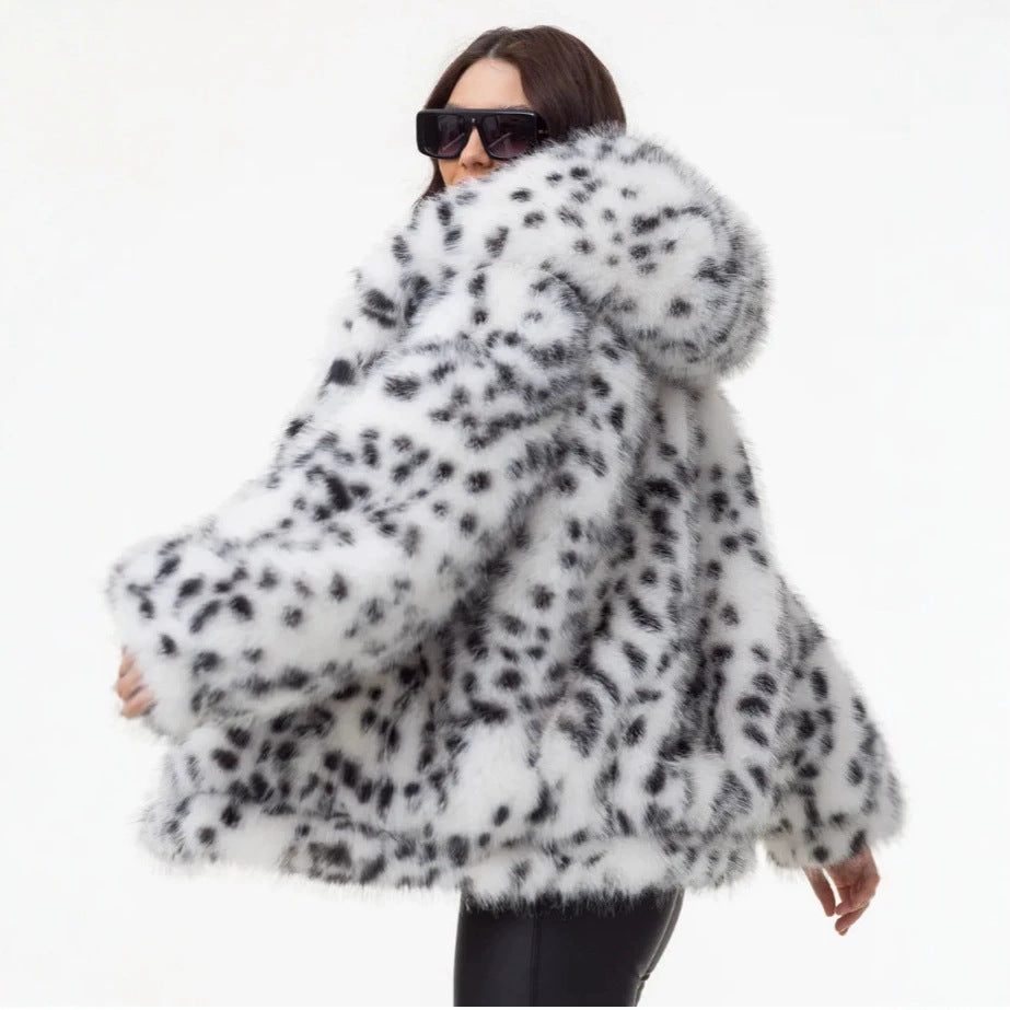 Women Short Hooded Faux Fur Jacket with Boxy Silhouette and Polka Dot Shaggy Texture Fashion Glam