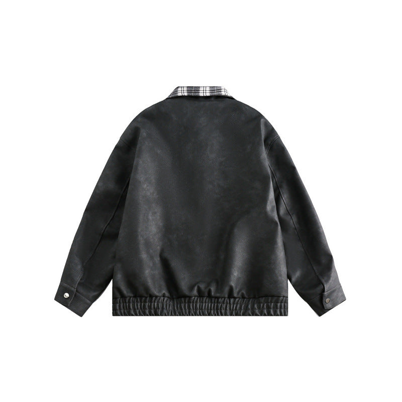 Men's suede look bomber jacket with checked shirt collar, flap pockets, and elastic hem Fashion Glam
