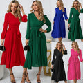 Women's Pleated Wrap Midi Dress with Waist Belt and V-Neck Fashion Glam