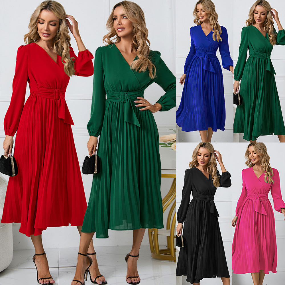 Women's Pleated Wrap Midi Dress with Waist Belt and V-Neck Fashion Glam