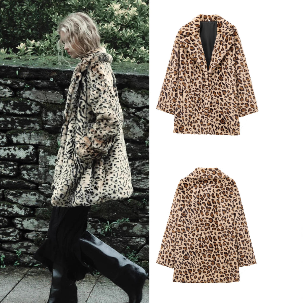 Women's faux fur coat in oversized cut with lapel collar, tie belt and pockets Fashion Glam