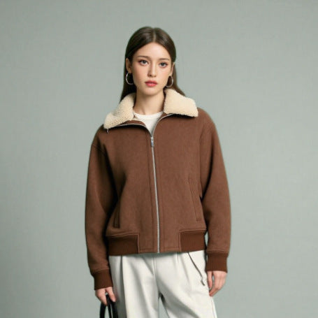 Women's Short Cut Teddy-Lined Suede Look Flight Jacket with Zipper Fashion Glam