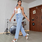Women’s jeans with pearl appliqué, high waist and straight leg Fashion Glam