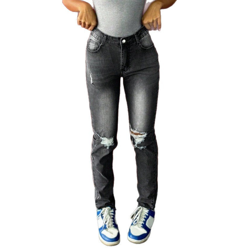 Women's waist-fitting stretch skinny jeans with distressed knees and five-pocket design Fashion Glam