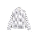 Ladies Cropped Polka Dot Transition Jacket with Stand-Up Collar and Waist Gathering Fashion Glam