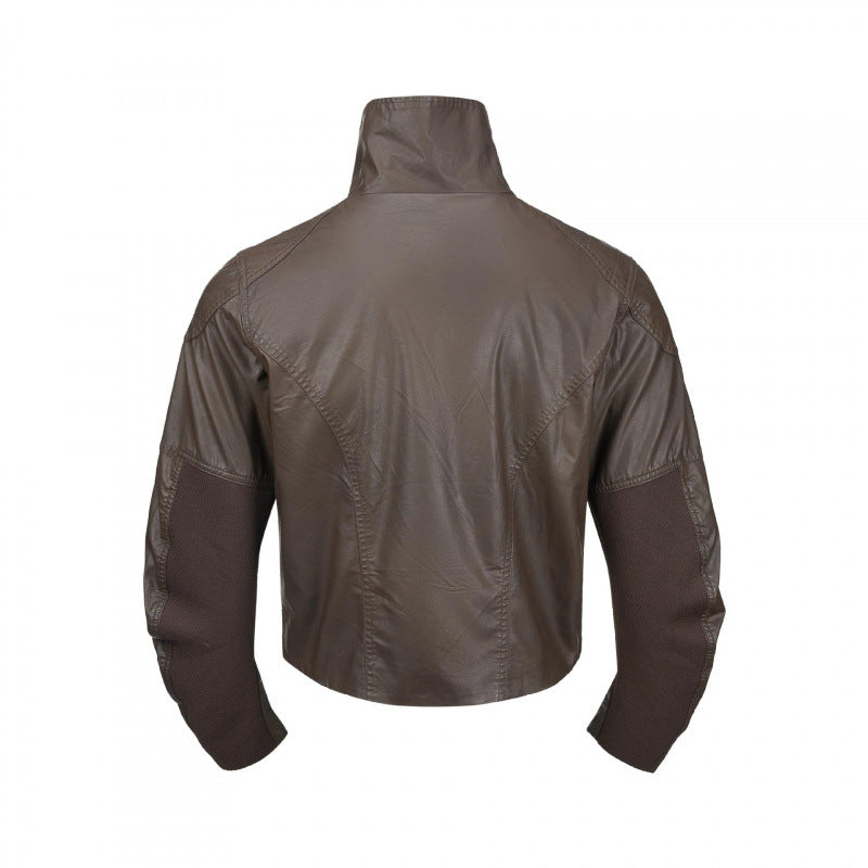 Men's short jacket in leather look with high stand-up collar, two diagonal chest zippers and vintage metal details Fashion Glam