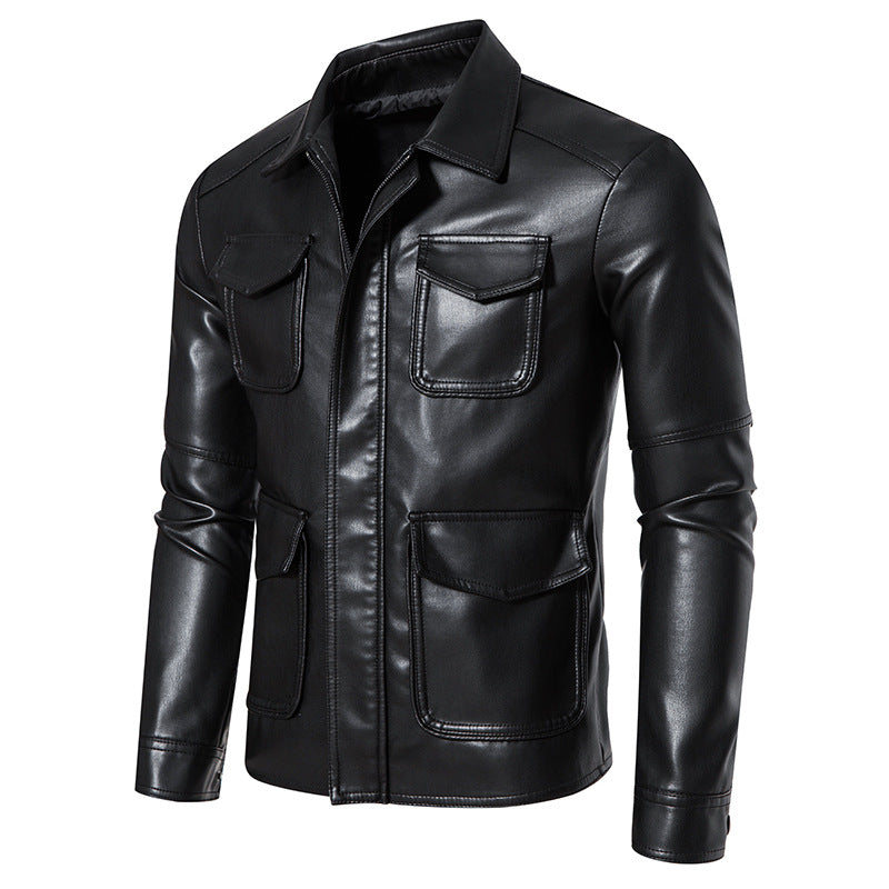 Men's field jacket in smooth leather look with flap pockets and slim fit Fashion Glam